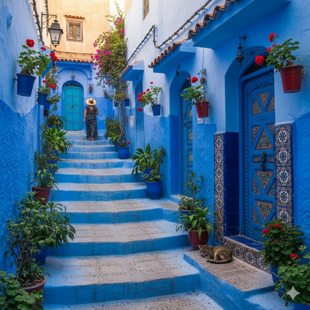 The Complete Guide to Luxury Travel in Morocco: Your Ultimate Journey Experience Blue streets of Chefchaouen with decorated doors