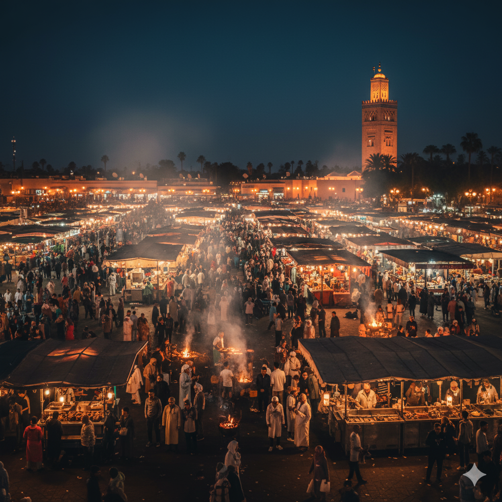 The Complete Guide to Luxury Travel in Morocco: Your Ultimate Journey Experience Jemaa el-Fnaa square in Marrakech illuminated at night with markets and lanterns