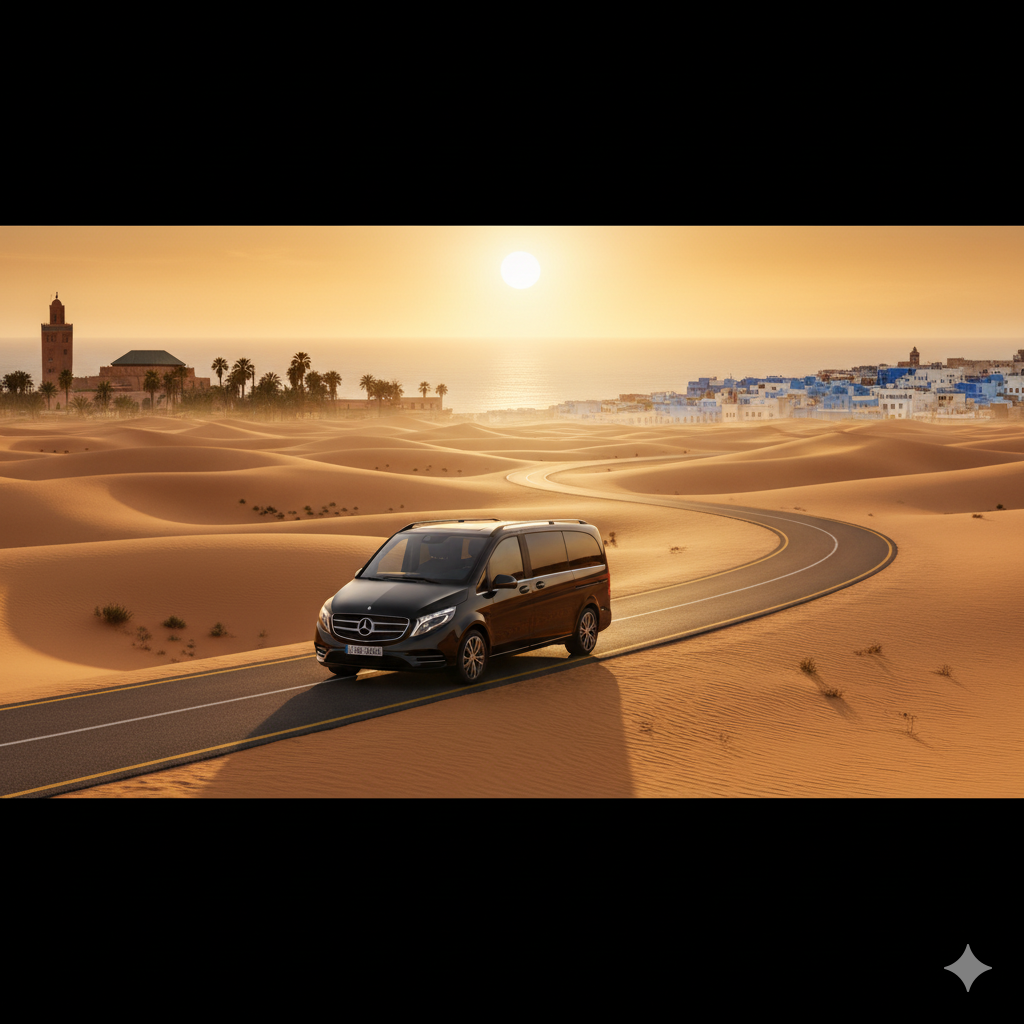 Luxury panoramic view of Morocco showing a black Mercedes V-Class driving through the golden dunes of Merzouga at sunset, with Marrakech’s Koutoubia Mosque, palm trees, Chefchaouen’s blue streets, and Essaouira’s Atlantic coast in the distance — symbolizing elegant Moroccan travel with Kechtravel.