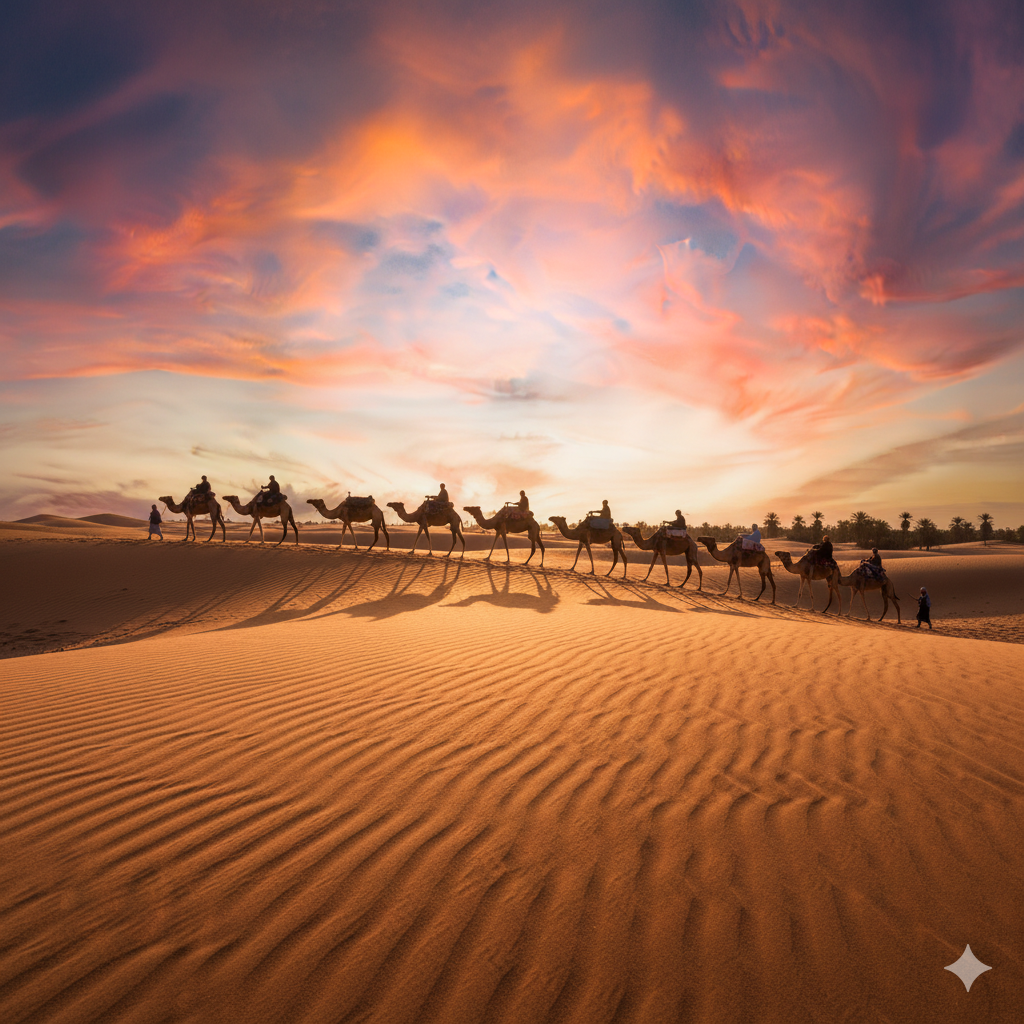 The Complete Guide to Luxury Travel in Morocco: Your Ultimate Journey Experience Camel caravan over golden dunes of Merzouga at sunset
