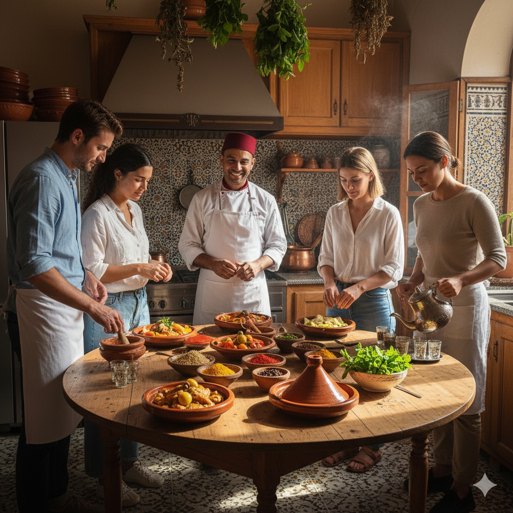 The Complete Guide to Luxury Travel in Morocco: Your Ultimate Journey Experience Moroccan cooking class preparing tagine and mint tea