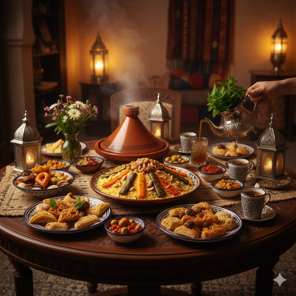 The Complete Guide to Luxury Travel in Morocco: Your Ultimate Journey Experience Moroccan dining table with traditional dishes and mint tea