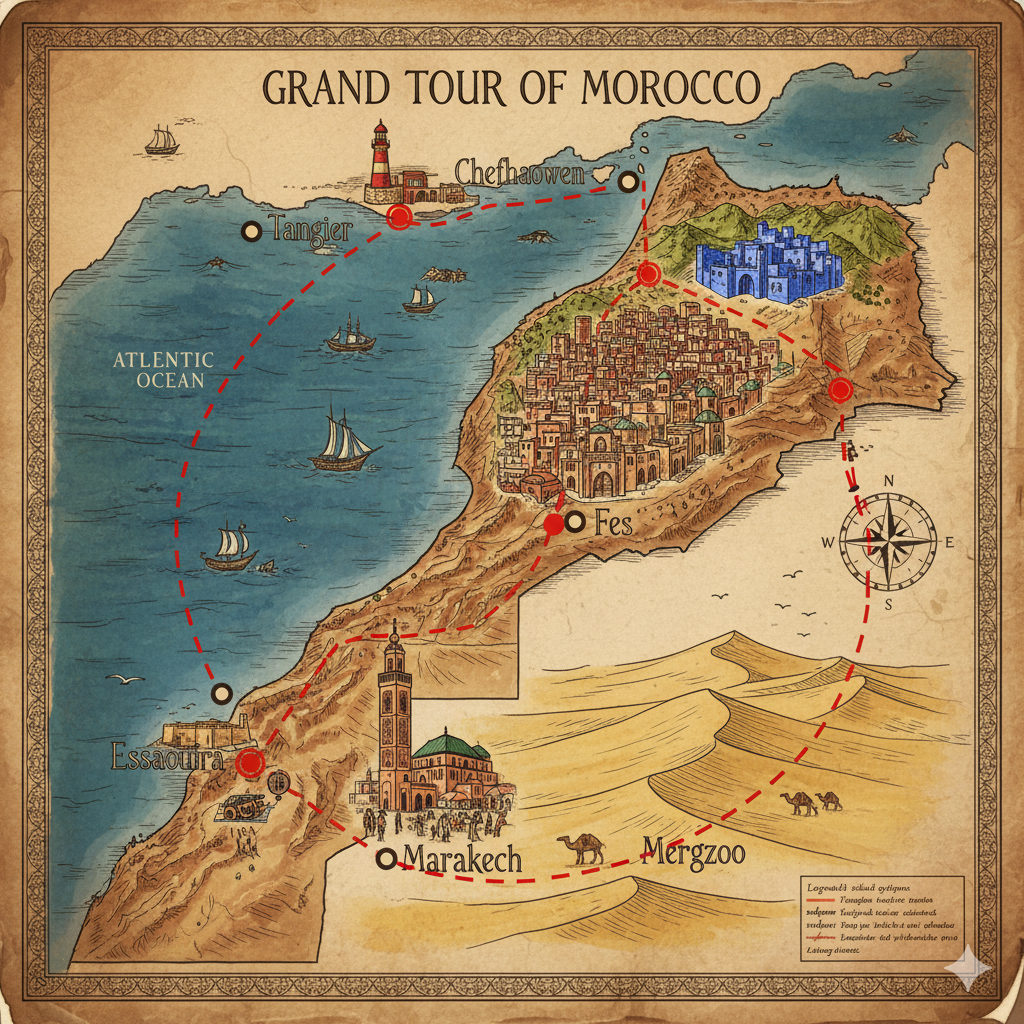 The Complete Guide to Luxury Travel in Morocco: Your Ultimate Journey Experience Morocco travel map showing main tourist route and landmarks