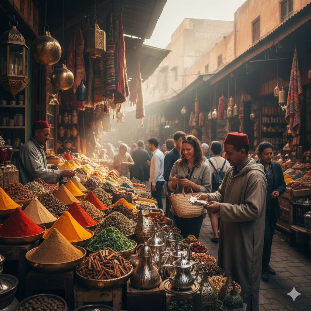 The Complete Guide to Luxury Travel in Morocco: Your Ultimate Journey Experience Moroccan market scene with dirhams and local crafts