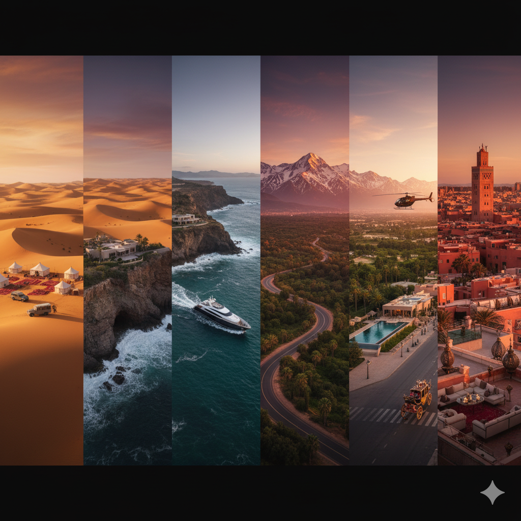 The Complete Guide to Luxury Travel in Morocco: Your Ultimate Journey Experience Panoramic Moroccan landscape blending desert, mountains, and coastlines at sunset