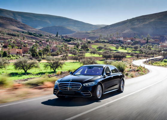 Luxury Mercedes S-Class driving through scenic Moroccan landscapes on the way to Essaouira