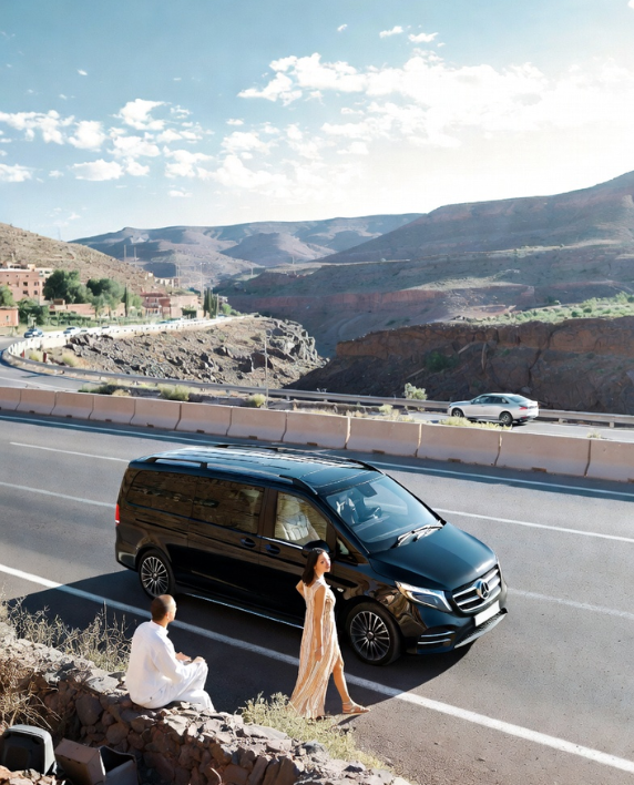Luxury private transfer from Marrakech to Tangier with scenic Moroccan landscapes, Atlas Mountains, and Mediterranean views.