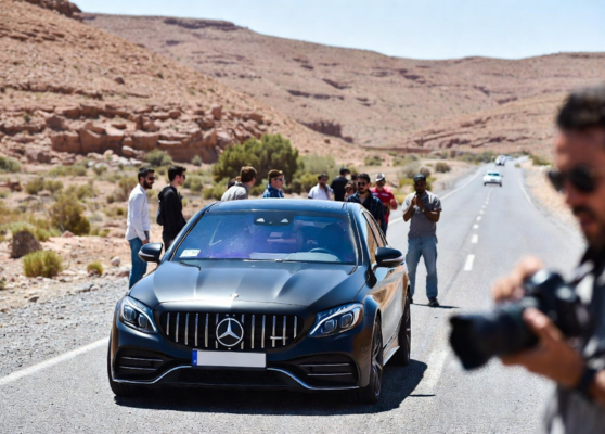 Luxury private transfer driving from Marrakech to Casablanca through scenic Moroccan landscapes