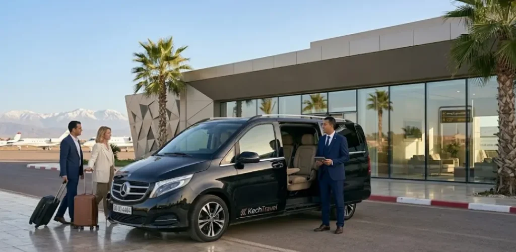A pristine black Mercedes-Benz V-Class VIP van waiting at the dedicated private terminal curbside of Marrakech Menara Airport.

