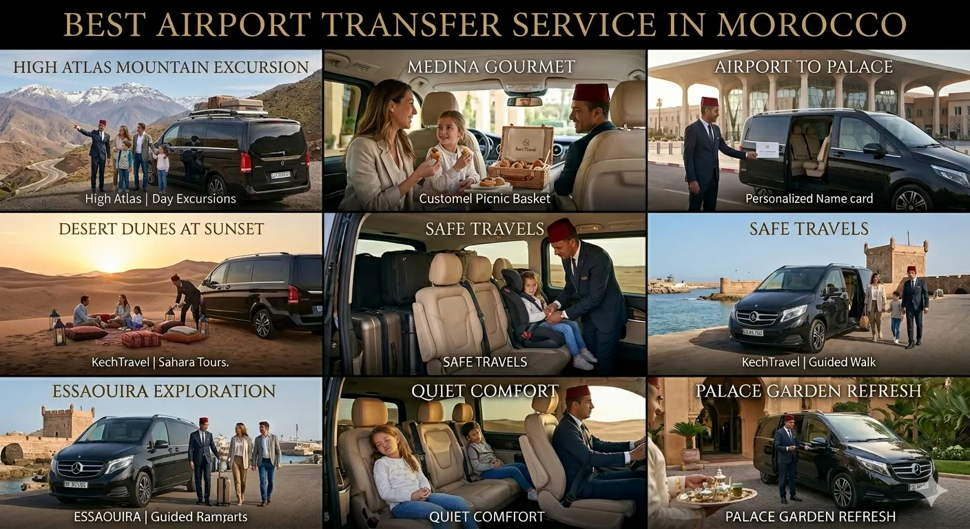 A detailed multi-panel featured image collage highlighting the best airport transfer service in Morocco, showcasing personalized nameplate arrivals, luxury Mercedes V-Class vans at private jet terminals, family road trips with child car seats, desert excursions, and five-star palace drop-offs.