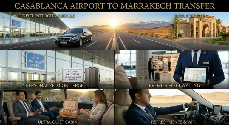 Casablanca Airport to Marrakech Transfer A detailed service showcase collage for Casablanca Airport to Marrakech transfers, featuring executive black sedans on the motorway, professional airport welcome concierge with personalized nameplates, luxury van interiors with refreshments, and arrival drop-offs at five-star resorts.