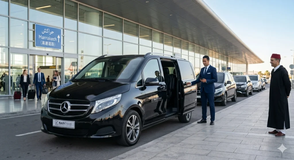 A pristine black Mercedes-Benz V-Class VIP transport van parked at the executive curbside lane of Casablanca Mohammed V International Airport.
