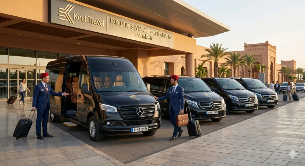 A fleet of luxury black Mercedes-Benz Sprinter and V-Class vans aligned perfectly outside a premium terminal entrance in Morocco.