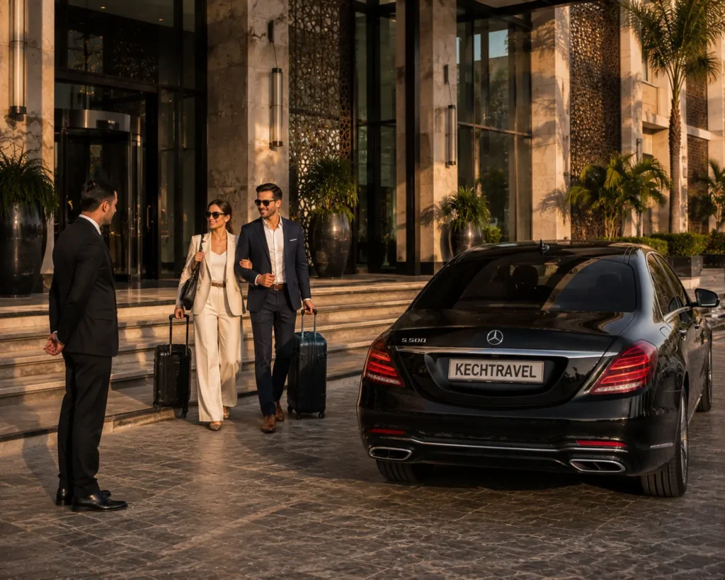 How Much Does a Private Transfer From Marrakech to Casablanca Cost? Luxury Mercedes arriving at a Casablanca hotel after a private transfer from Marrakech