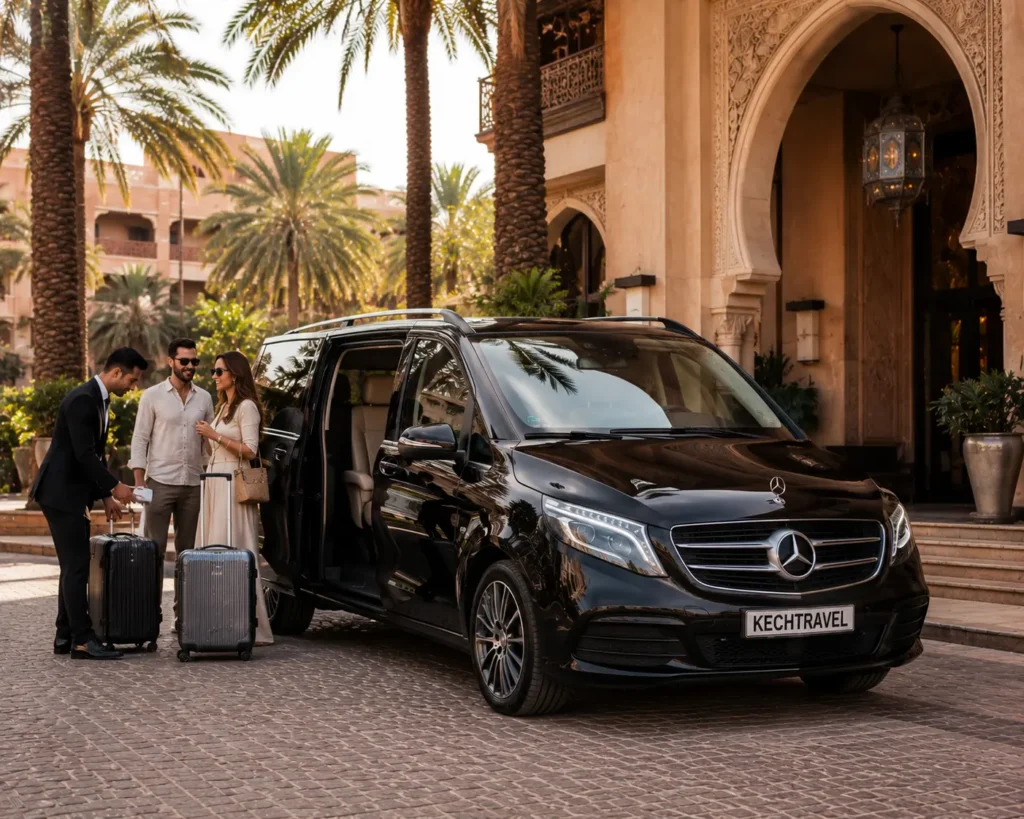 How Much Does a Private Transfer From Marrakech to Casablanca Cost? Professional chauffeur preparing a Mercedes V-Class for Marrakech to Casablanca transfer