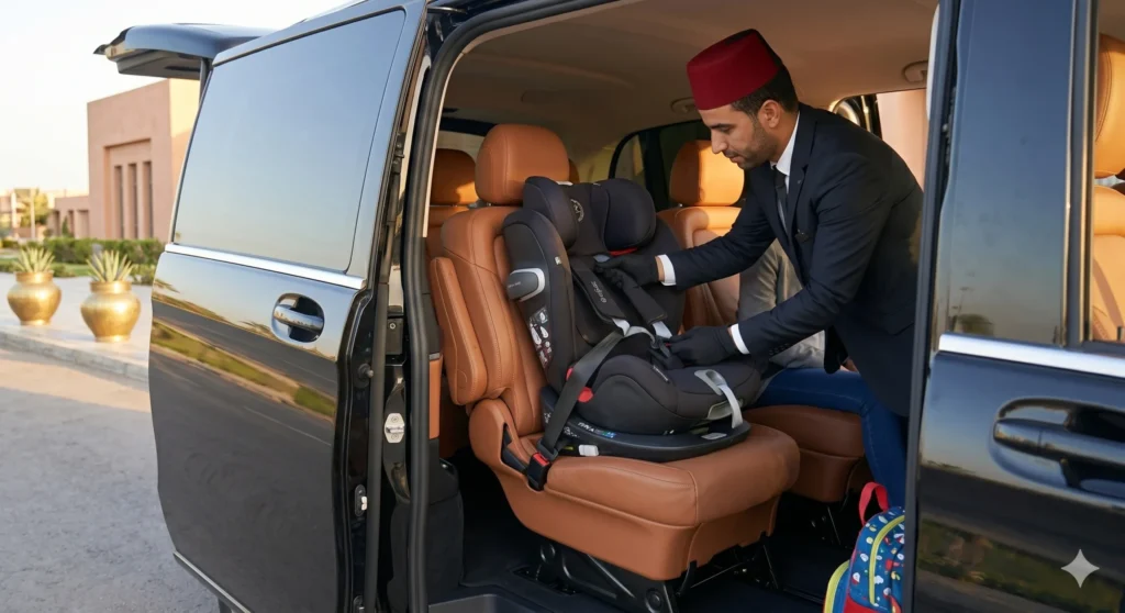 Private Driver in Morocco for Families A professional private driver adjusting an international standard child safety seat inside a spacious Mercedes van cabin.