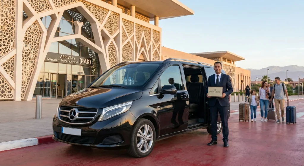 A premium black Mercedes V-Class minivan navigating a winding scenic mountain highway pass during an Atlas Mountains private driver excursion from Marrakech.