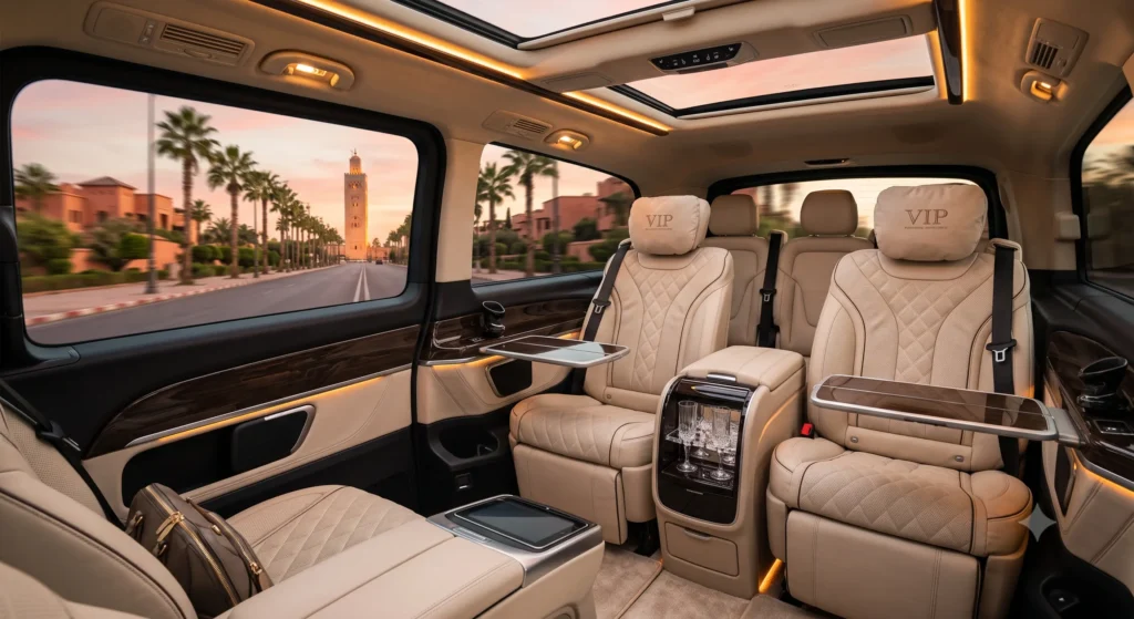 Where to Watch World Cup 2026 Matches in Marrakech: Top Luxury Lounges & VIP Sports Bars Premium interior of KechTravel luxury VIP van in Marrakech