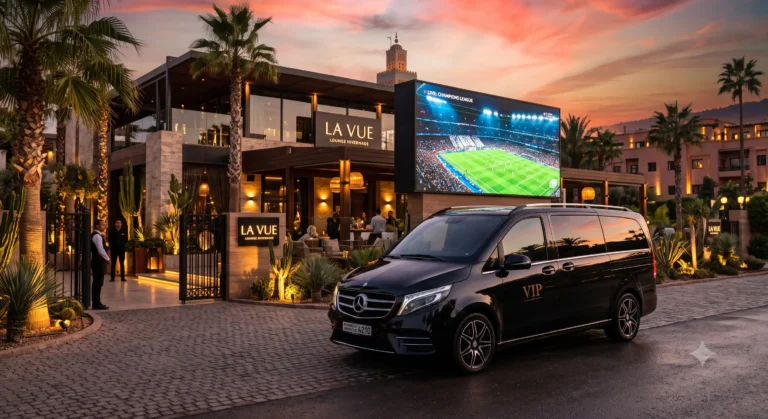 Luxury private driver in Marrakech outside a VIP lounge watching World Cup 2026