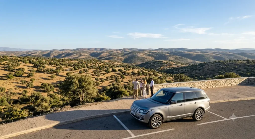 A high-end Range Rover parked safely at a panoramic viewpoint overlooking the rolling argan hills between Marrakech and Essaouira.
