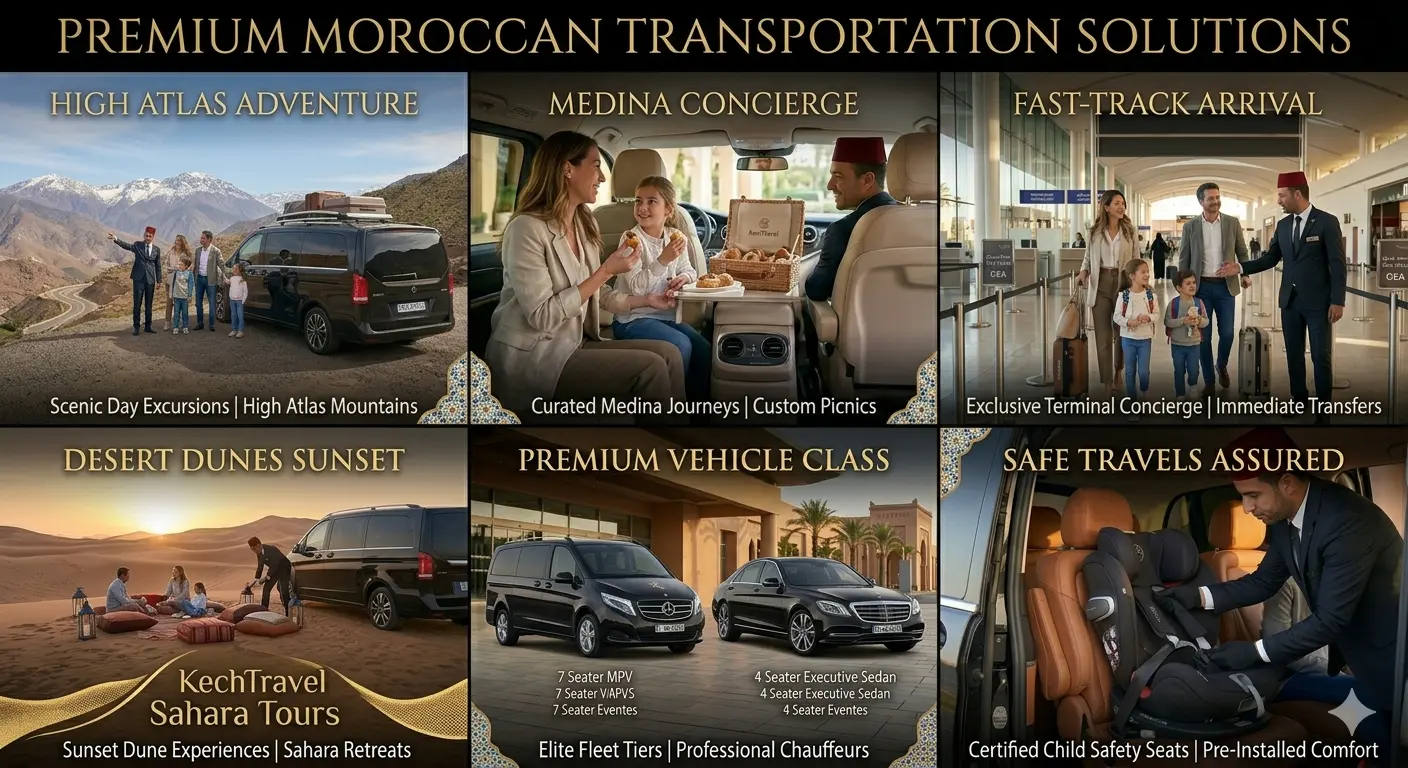 A premium master featured image collage for luxury transportation in Morocco, showcasing Atlas Mountains day excursions, medina concierge picnics, airport fast-track service, Sahara desert sunset tours, elite Mercedes S-Class and V-Class vehicle fleets, and certified child safety seat installations.