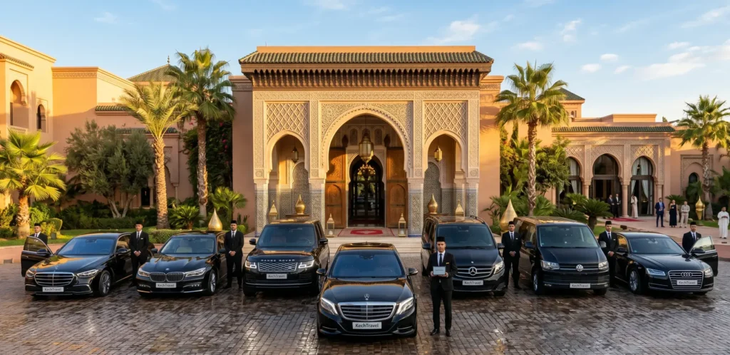 A row of immaculate black luxury sedans and executive multi-purpose vans parked in front of a five-star hotel entrance in Morocco.
