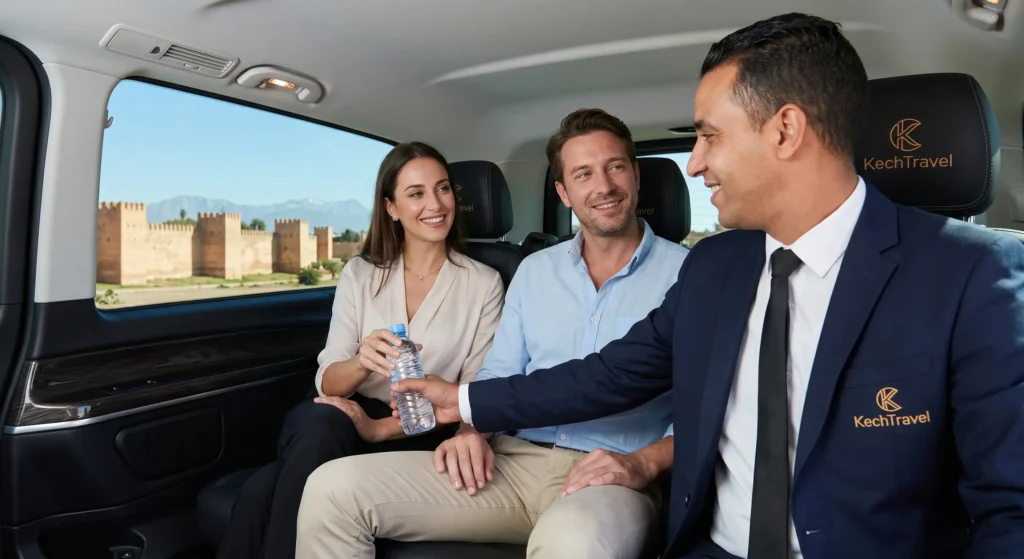 Marrakech Airport Transfer vs Taxi: Which Is Better? A professional private chauffeur offering bottled water to a luxury travel couple inside a premium transport van in Marrakech.