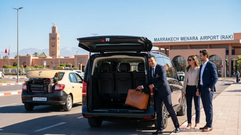 KechTravel luxury Mercedes van and chauffeur loading luggage at Marrakech Airport (RAK), contrasted with a local taxi. The Koutoubia Mosque and Atlas Mountains are visible under a clear sky.