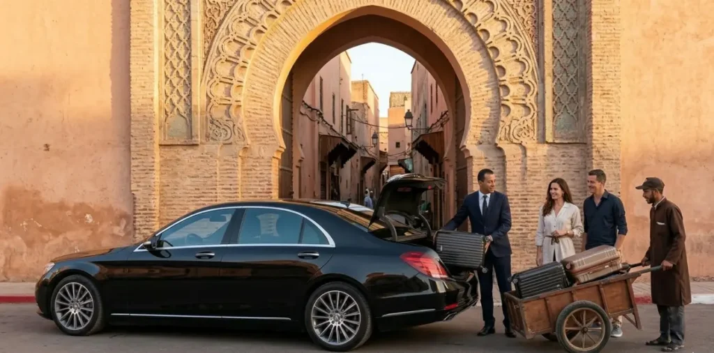 A professional private driver managing the luggage handoff from a luxury Mercedes-Benz S-Class sedan to a traditional Riad porter cart outside a historic Marrakech Medina gate.