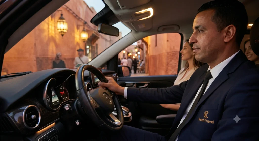Marrakech Airport Transfer vs Taxi: Which Is Better? A focused KechTravel professional chauffeur navigating a luxury SUV through a narrow, lantern-lit Marrakech Medina alley at dusk.