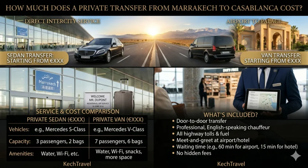 A detailed 2026 price breakdown infographic for private transfers from Marrakech to Casablanca, showing flat vehicle rates across three tiers: Sedan (€140-€170), SUV/MPV (€170-€210), and Premium Van (€210-€250+), including passenger capacity and baggage limits.
