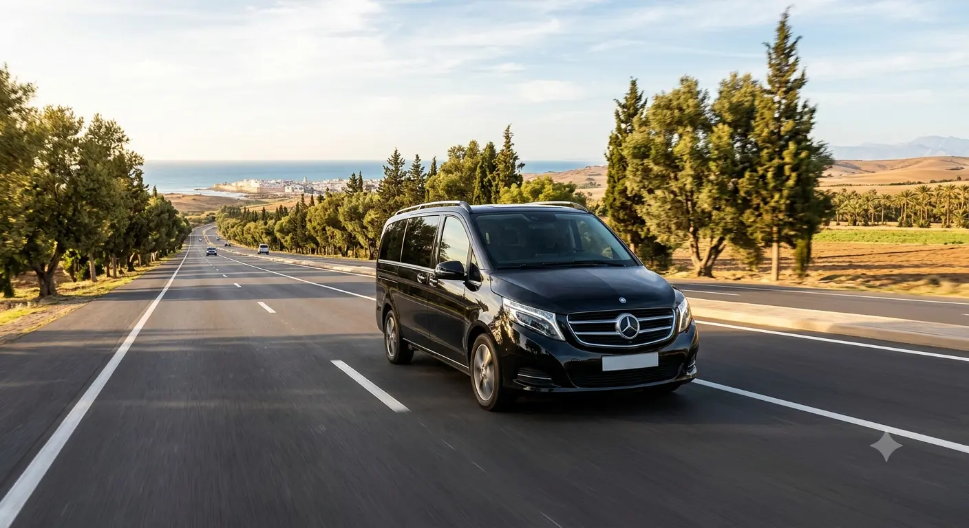 A sleek black Mercedes-Benz VIP van driving along a smooth, tree-lined highway toward the coast of Essaouira, Morocco.