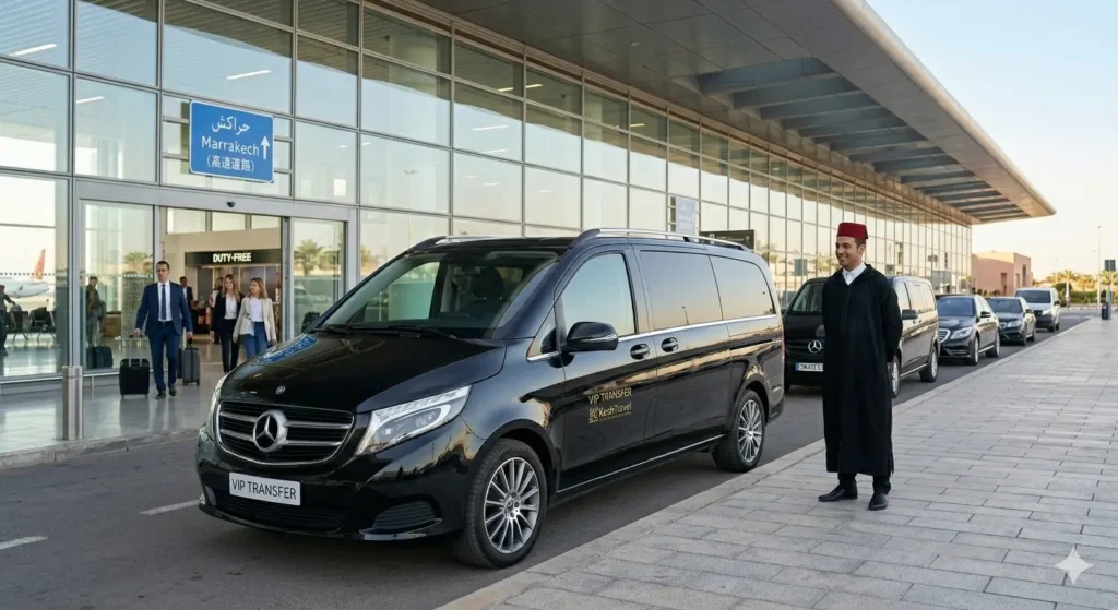 Black Mercedes-Benz V-Class VIP van parked in front of a luxury resort palisade in Marrakech, Morocco.
