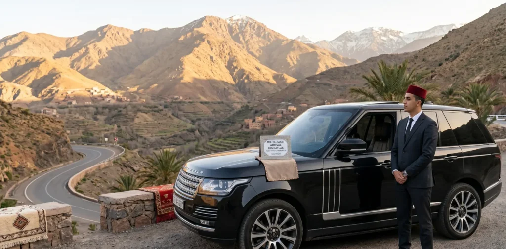 A pristine black Range Rover Autobiography parked at a scenic mountain overlook along a winding Moroccan highway with a private driver standing nearby.