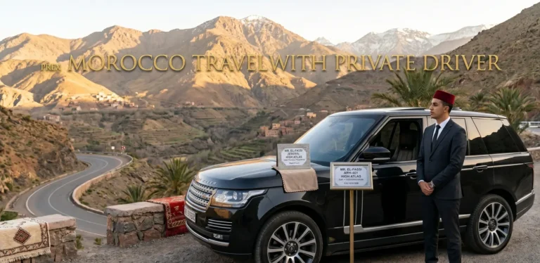 Morocco Travel With Private Driver A black Range Rover Autobiography parked at a scenic mountain overlook in the High Atlas Mountains of Morocco, with a professional private driver in a suit standing next to the vehicle.