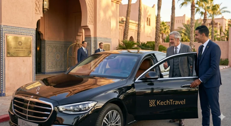 Professional uniformed private chauffeur holding the open door of a black Mercedes-Benz S-Class in front of a luxury hotel in Morocco.