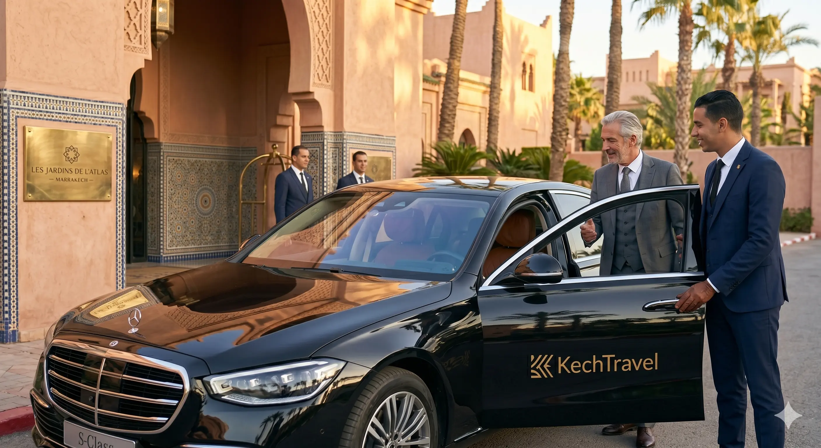 Professional uniformed private chauffeur holding the open door of a black Mercedes-Benz S-Class in front of a luxury hotel in Morocco.