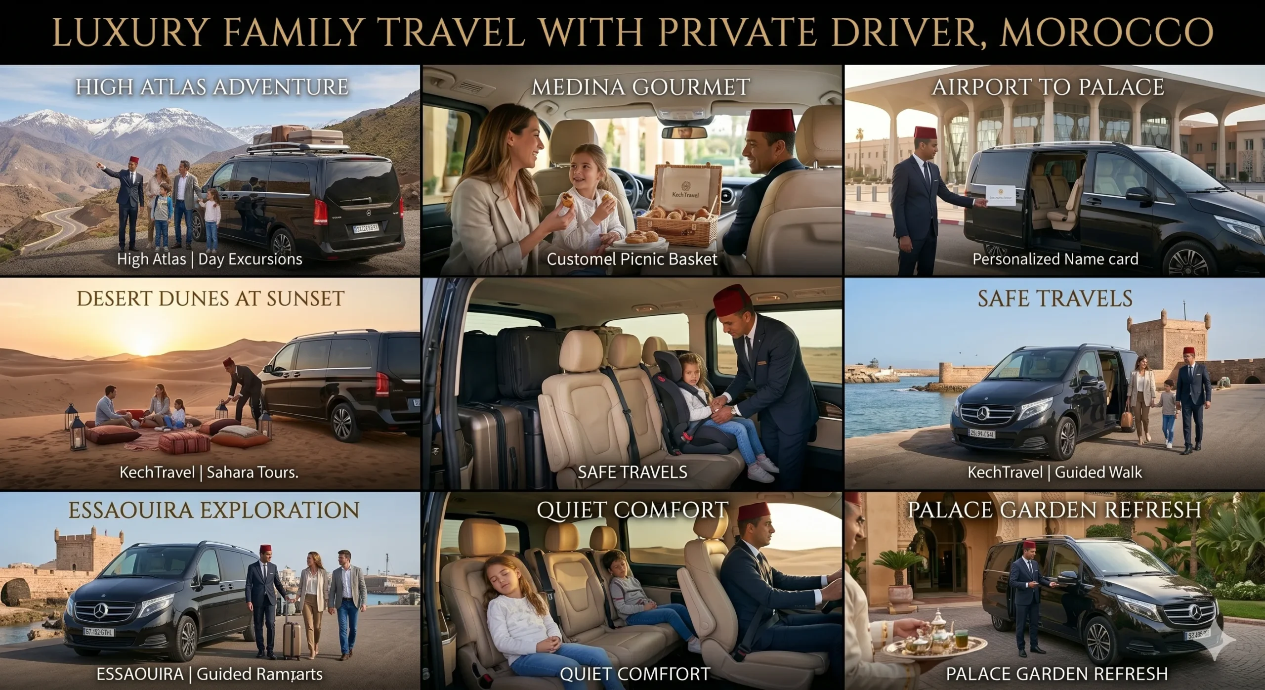 A comprehensive service showcase collage featuring an international family traveling through Morocco in a premium Mercedes V-Class van, highlighting Atlas Mountains day excursions, desert tours, airport transfers, child safety seats, and luxury palace hotel arrivals.