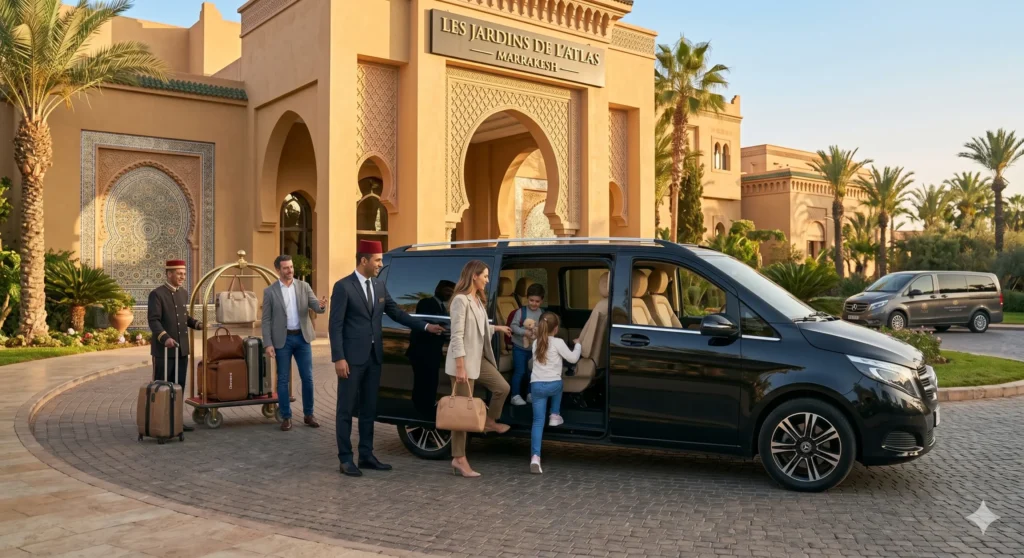 Private Driver in Morocco for Families A happy international family boarding a clean, black Mercedes-Benz V-Class van with the assistance of a professional chauffeur in Morocco.
