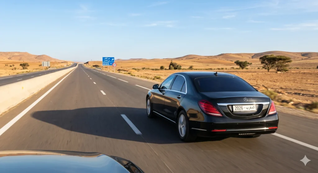 An executive black luxury sedan cruising smoothly along the clear asphalt lanes of the A7 motorway heading south toward Marrakech.
