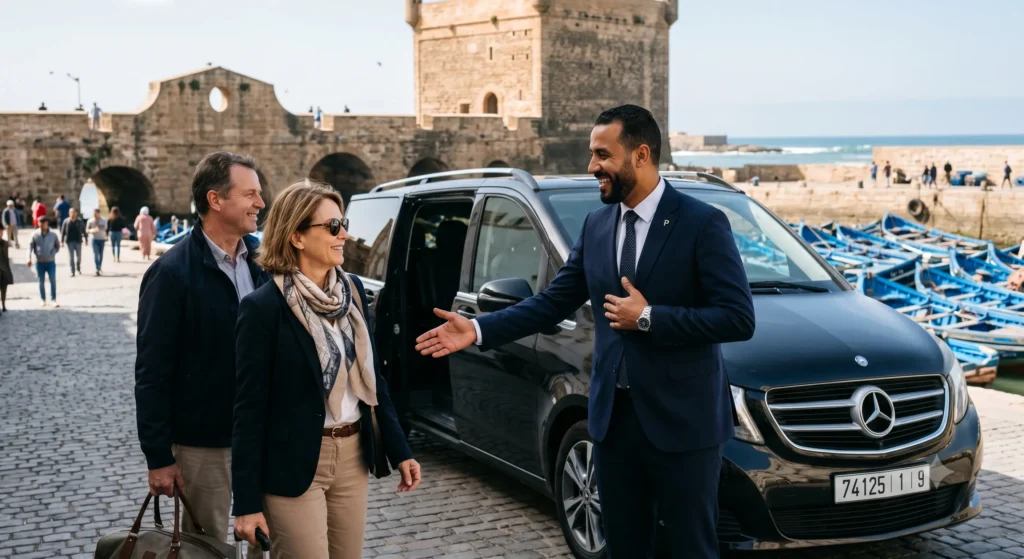 A professional multilingual chauffeur in a tailored business suit warmly greeting passengers near the historic port of Essaouira