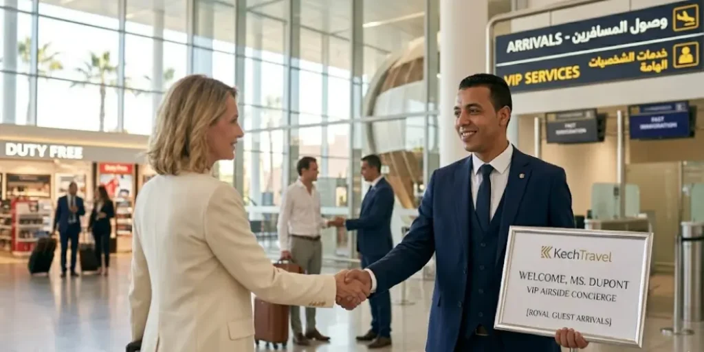 A professional airport concierge in a suit welcoming an international corporate traveler at the terminal arrivals hall.