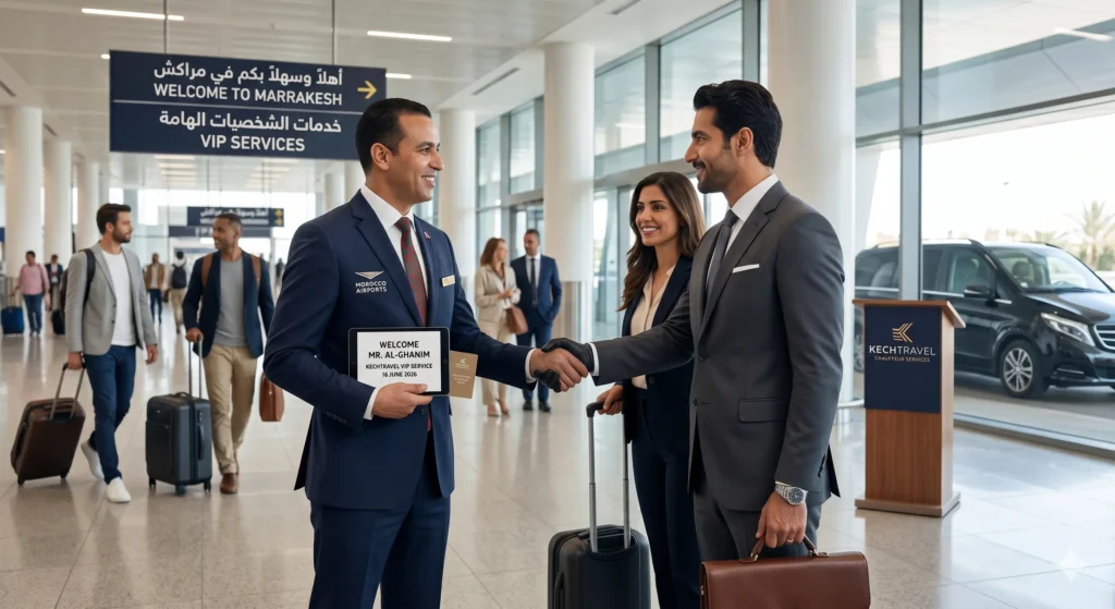 VIP Airport Transfer Morocco An airport concierge host greeting an executive international traveler inside a premium Moroccan airport arrival terminal hall.