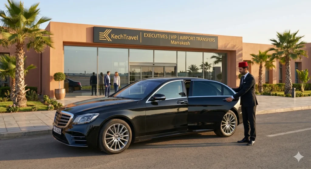 VIP Airport Transfer Morocco A pristine black Mercedes-Benz S-Class sedan with a professional uniform chauffeur holding the door open at the VIP terminal curbside.