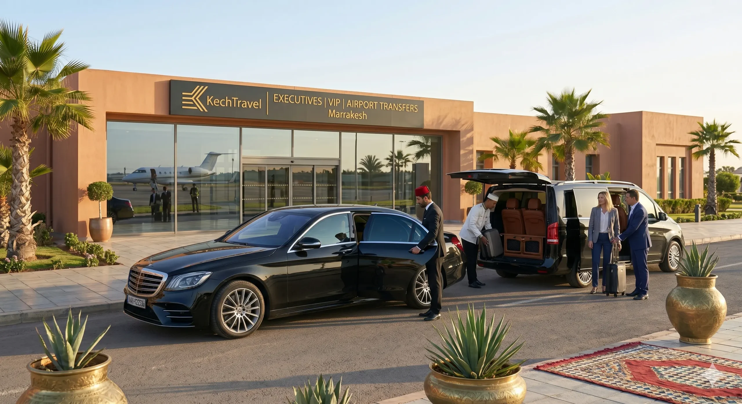 A luxury Mercedes S-Class sedan and executive V-Class van parked outside a private VIP airport terminal in Marrakesh, Morocco, with professional chauffeurs in uniform assisting business travelers with their luggage.