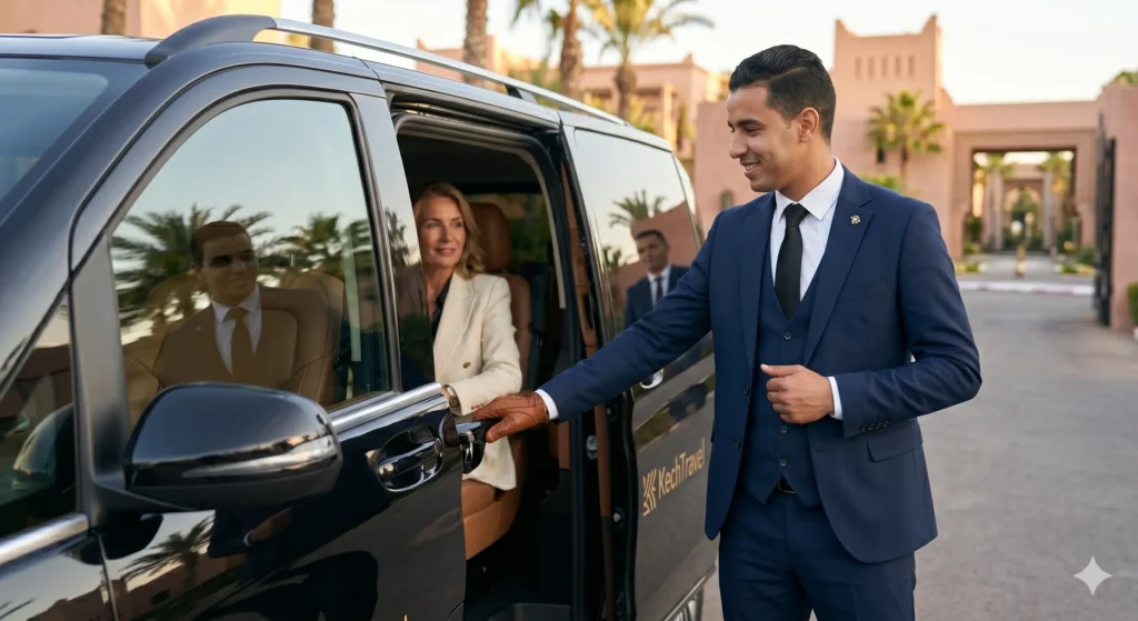 Private Chauffeur Morocco Close-up of a professional private driver in a sharp suit opening the door of a pristine luxury vehicle in Marrakech.