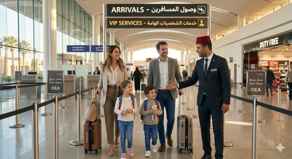 Private Driver in Morocco for Families An international family smiling as they are guided through a fast-track terminal lane by an airport concierge concierge.