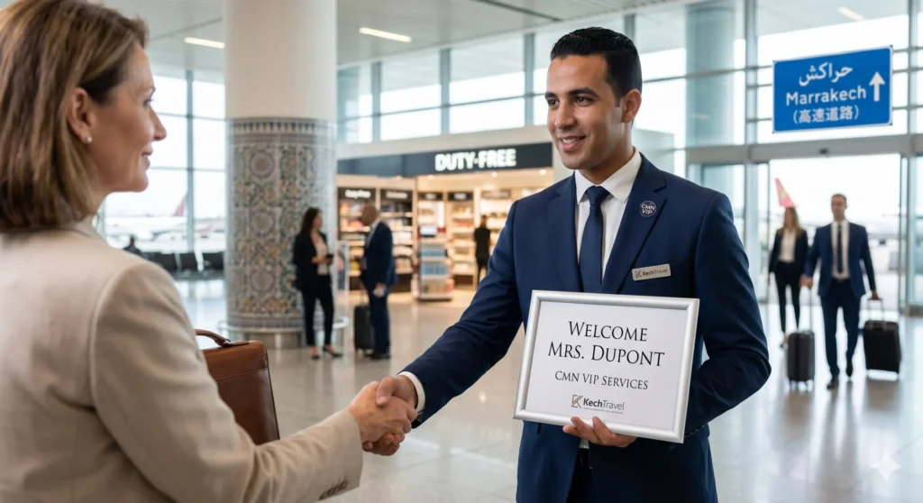 A professional uniformed airport host holding a personalized welcome sign for an international luxury traveler inside the Casablanca terminal.