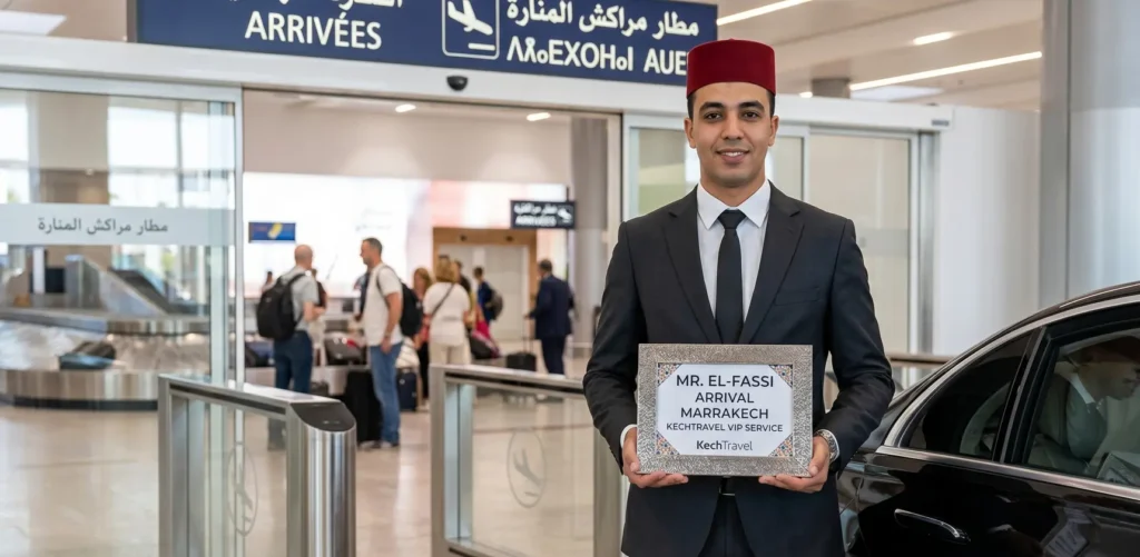 A professional multilingual chauffeur in a tailored business suit holding a personalized welcome sign inside a modern Moroccan airport terminal.