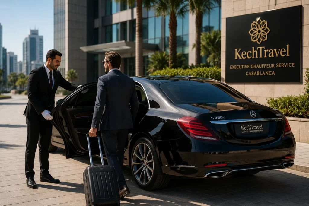 Luxury Business Travel in Morocco: Executive Chauffeur Services for VIP Corporate Guests Black Mercedes-Benz S-Class luxury sedan with professional private chauffeur opening the door for an international business executive in Casablanca.